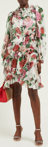 Rose-Print Silk-Chiffon Ruffled Mini Dress | DESIGNER INSPIRED FASHIONS