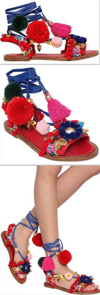 Multicolor Pompom & Tassels Leather Sandals - DESIGNER INSPIRED FASHIONS