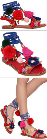 Multicolor Pompom & Tassels Leather Sandals - DESIGNER INSPIRED FASHIONS