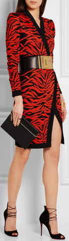 Red Wrap Effect Jacquard Knit Dress - DESIGNER INSPIRED FASHIONS