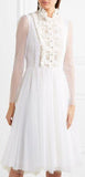 Ruffled Lace-Paneled Polka-Dot Tulle Midi Dress