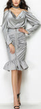 Draped Satin Blouse & Ruched Zip Skirt Set - Grey or Black