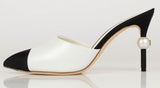 Goatskin Leather Cap Toe Heels Mules - White/Black | DESIGNER INSPIRED FASHIONS