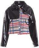Faux-Patent Leather Paneled Check Jacket