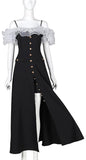 Off-Shoulder Tulle-Ruffled Button-Embellished Long Black Dress