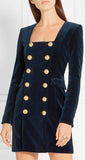 Double-Breasted Velvet Mini Dress in Blue - DESIGNER INSPIRED FASHIONS