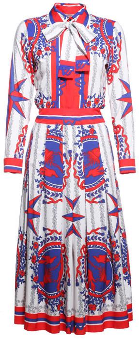 Printed Silk Bow Blouse & Midi Skirt Set - DESIGNER INSPIRED FASHIONS