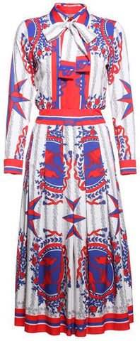 Printed Silk Bow Blouse & Midi Skirt Set - DESIGNER INSPIRED FASHIONS