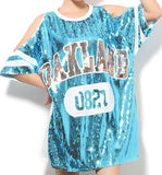 Sequin Embellished Open-Shoulder T-Shirt in Blue - DESIGNER INSPIRED FASHIONS