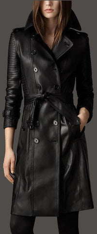 Black Double-Breasted Faux-Leather Trench Coat - DESIGNER INSPIRED FASHIONS
