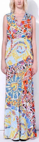 'Mosaico' Printed Crossover V-Neckline Long Jersey Silk Gown - DESIGNER INSPIRED FASHIONS