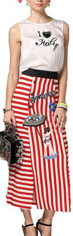Embellished White Tank & Striped Midi Skirt - DESIGNER INSPIRED FASHIONS