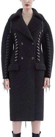 Stitch-Contrasting Black Wool Coat - DESIGNER INSPIRED FASHIONS