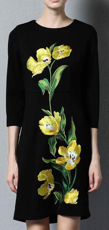 Black Short Dress with Yellow Embroidered Flowers - DESIGNER INSPIRED FASHIONS