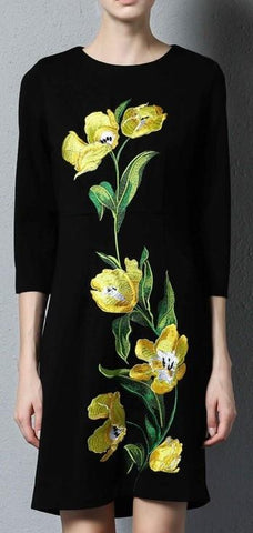 Black Short Dress with Yellow Embroidered Flowers - DESIGNER INSPIRED FASHIONS