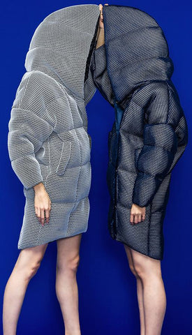 Honeycomb Textured Large-Hooded Thick White-Duck-Down Coat in White or Blue - DESIGNER INSPIRED FASHIONS