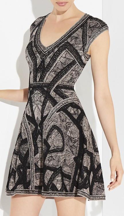 Jacquard Stretch V-Neck Patterned Sleeveless A-Line Mini Dress - DESIGNER INSPIRED FASHIONS