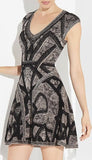 Jacquard Stretch V-Neck Patterned Sleeveless A-Line Mini Dress - DESIGNER INSPIRED FASHIONS