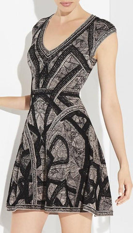 Jacquard Stretch V-Neck Patterned Sleeveless A-Line Mini Dress - DESIGNER INSPIRED FASHIONS