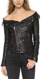 Black Off-Shoulder Faux-Leather Jacket - DESIGNER INSPIRED FASHIONS