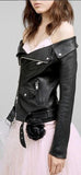 Black Off-Shoulder Faux-Leather Jacket - DESIGNER INSPIRED FASHIONS