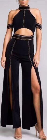 Black Stud-Embellished Off Shoulder Stretch Halter and Pant Set