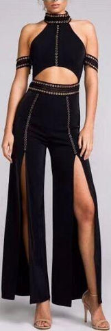 Black Stud-Embellished Off Shoulder Stretch Halter and Pant Set