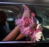 Feather-Trimmed Satin Sandals - Pink