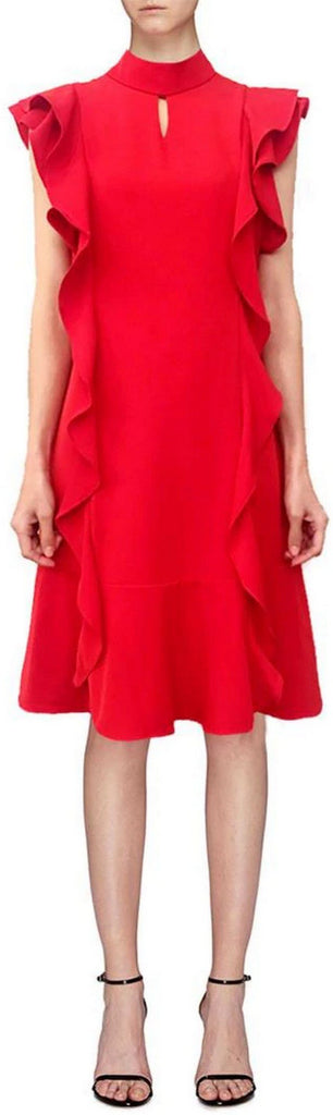 Ruffle-Trim Keyhole Shift Dress, Red | DESIGNER INSPIRED FASHIONS