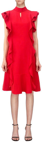Ruffle-Trim Keyhole Shift Dress, Red | DESIGNER INSPIRED FASHIONS