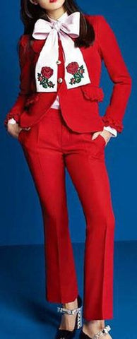 3 Pc Set Includes: Red Ruffle Single Breasted Jacket, Matching Red Dress Pants & Embroidered Pink Oxford Shirt with Bow - DESIGNER INSPIRED FASHIONS