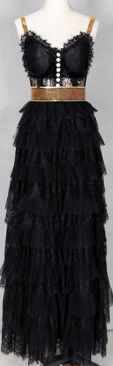 Black Tiered Lace Embellished Gown