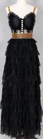 Black Tiered Lace Embellished Gown