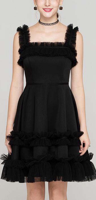 Black Ruffled Mesh-Trim Dress