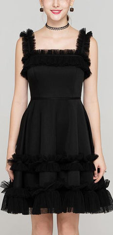 Black Ruffled Mesh-Trim Dress