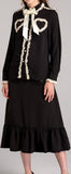 Ruffled Bow Shirt & Embroidered Midi Skirt Set