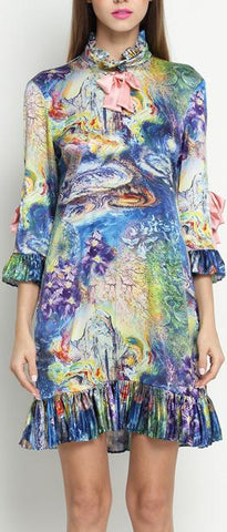 Printed Ruffle Silk Dress with Bow Embellishments