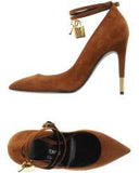 Padlock & Key Embellished Suede Pumps in Burgundy or Caramel-Brown - DESIGNER INSPIRED FASHIONS