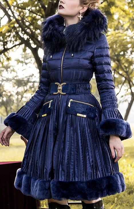 Belted Fur-Trimmed Pleated Down Coat in Blue - DESIGNER INSPIRED FASHIONS
