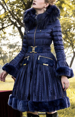 Belted Fur-Trimmed Pleated Down Coat in Blue - DESIGNER INSPIRED FASHIONS