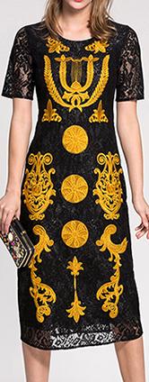 Black Lace Dress with Gold Embroidery