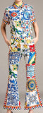Tile Print Short-Sleeve Shirt and Flared-Leg Pant Set