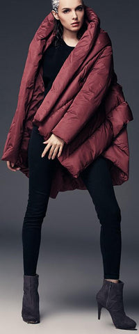 Asymmetric Puffer Coat, Wine Red