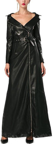 Long Zip Faux-Leather Dress-Coat in Black or Green - DESIGNER INSPIRED FASHIONS