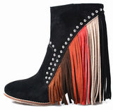 Studded Black Suede Ankle Boots with Multicolored Tassels