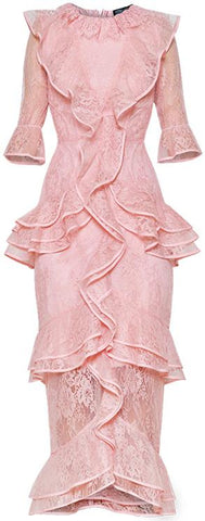 Lace Ruffle Midi Dress, Pink