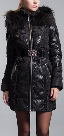 Black Ruched Down Fill Coat with Fox Fur Hood