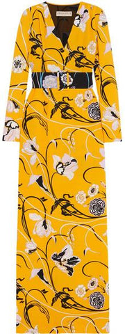 Belted Floral-Print Crepe Gown