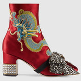 Dragon Satin Mid-Heel Ankle-Boot, Red