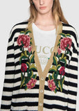 Floral-Embroidered Striped Knit Cardigan Sweater